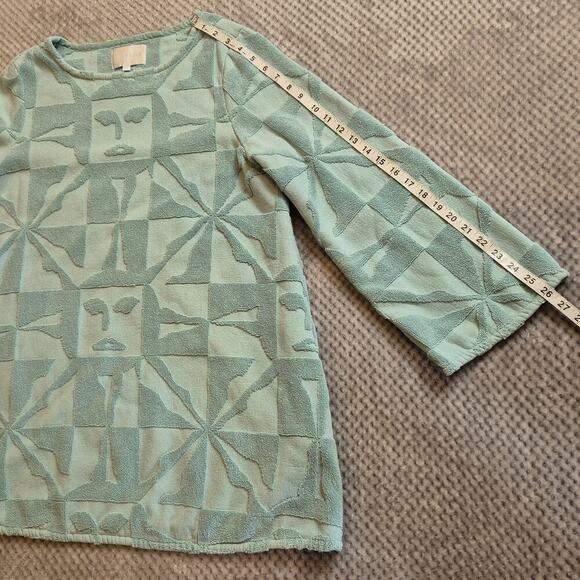 Lucy Folk Sol Belted Cotton Terry Mini Dress Size Large Blue Shapes Faces Pocket - Picture 6 of 9